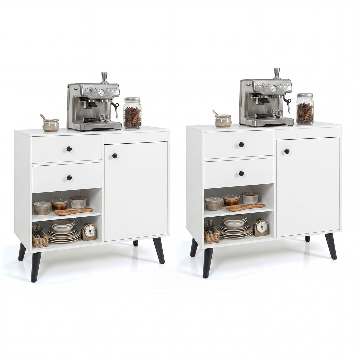 Set of 2 natural 31-inch buffet cabinets with 2 drawers and open compartments for kitchen storage, by Wilsons Home Store.