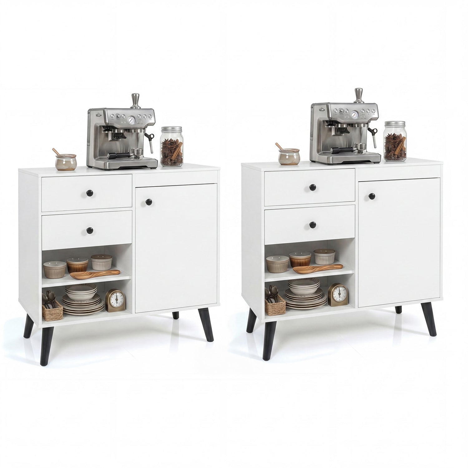 Set of 2 natural 31-inch buffet cabinets with 2 drawers and open compartments for kitchen storage, by Wilsons Home Store.