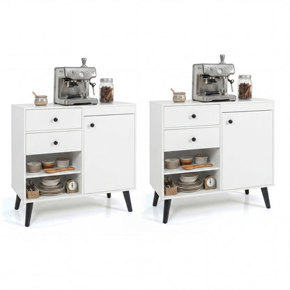 Set of 2 natural 31-inch buffet cabinets with 2 drawers and open compartments for kitchen storage, by Wilsons Home Store.