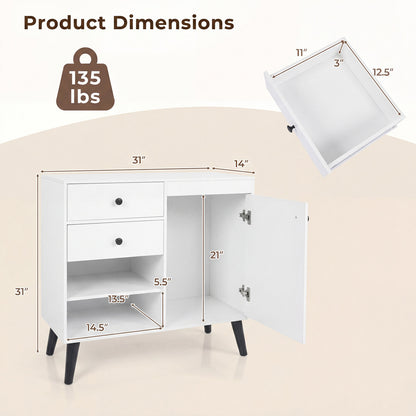 Set of 2 natural 31-inch buffet cabinets with 2 drawers and open compartments for kitchen storage, by Wilsons Home Store.