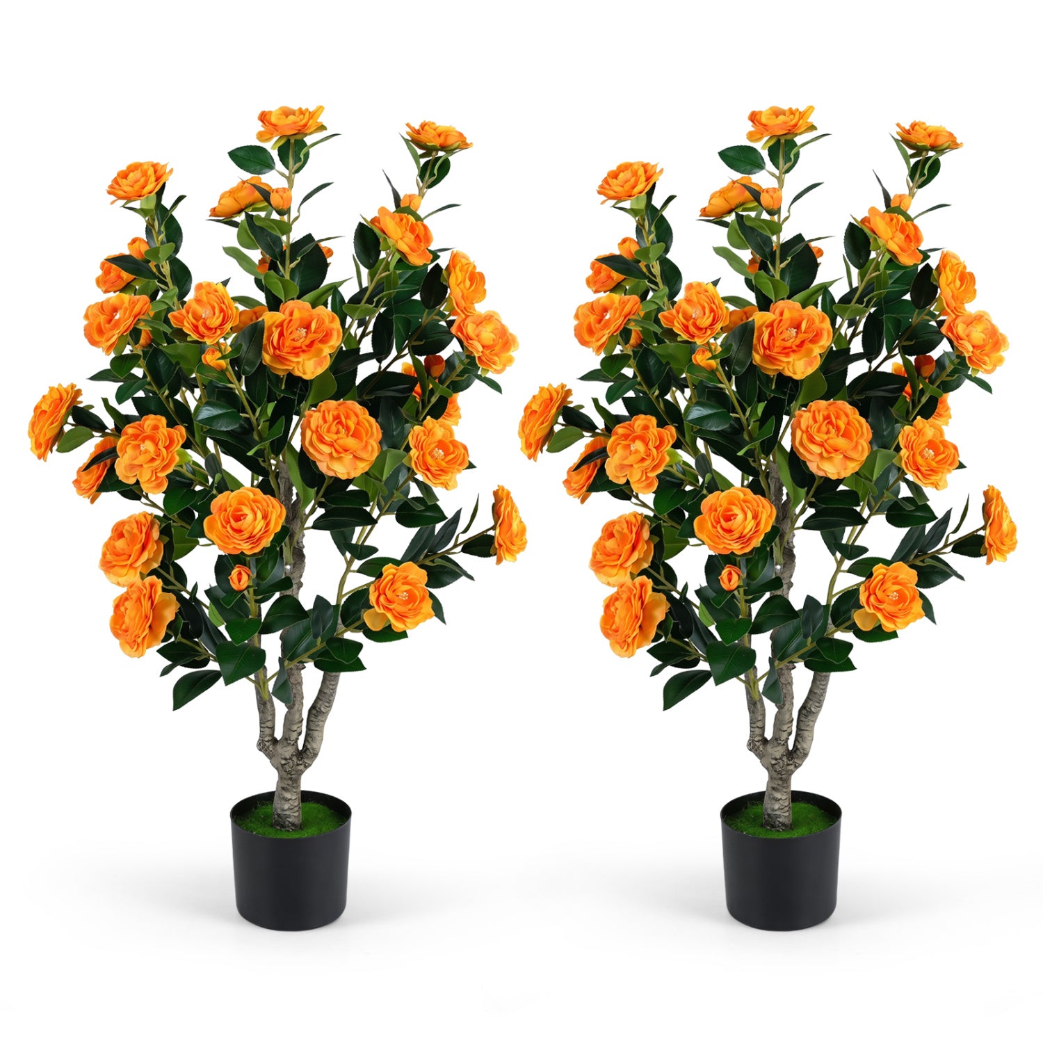 Set of 2 39.5-inch artificial camellia trees with orange blossoms in cement pots for home decoration.