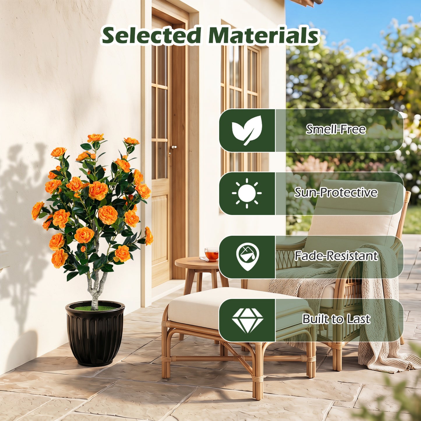 Set of 2 39.5-inch artificial camellia trees with orange blossoms in cement pots for home decoration by Wilsons Home Store