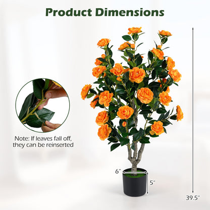 Set of 2 39.5-inch artificial camellia trees with orange blossoms in cement pots for home decor.