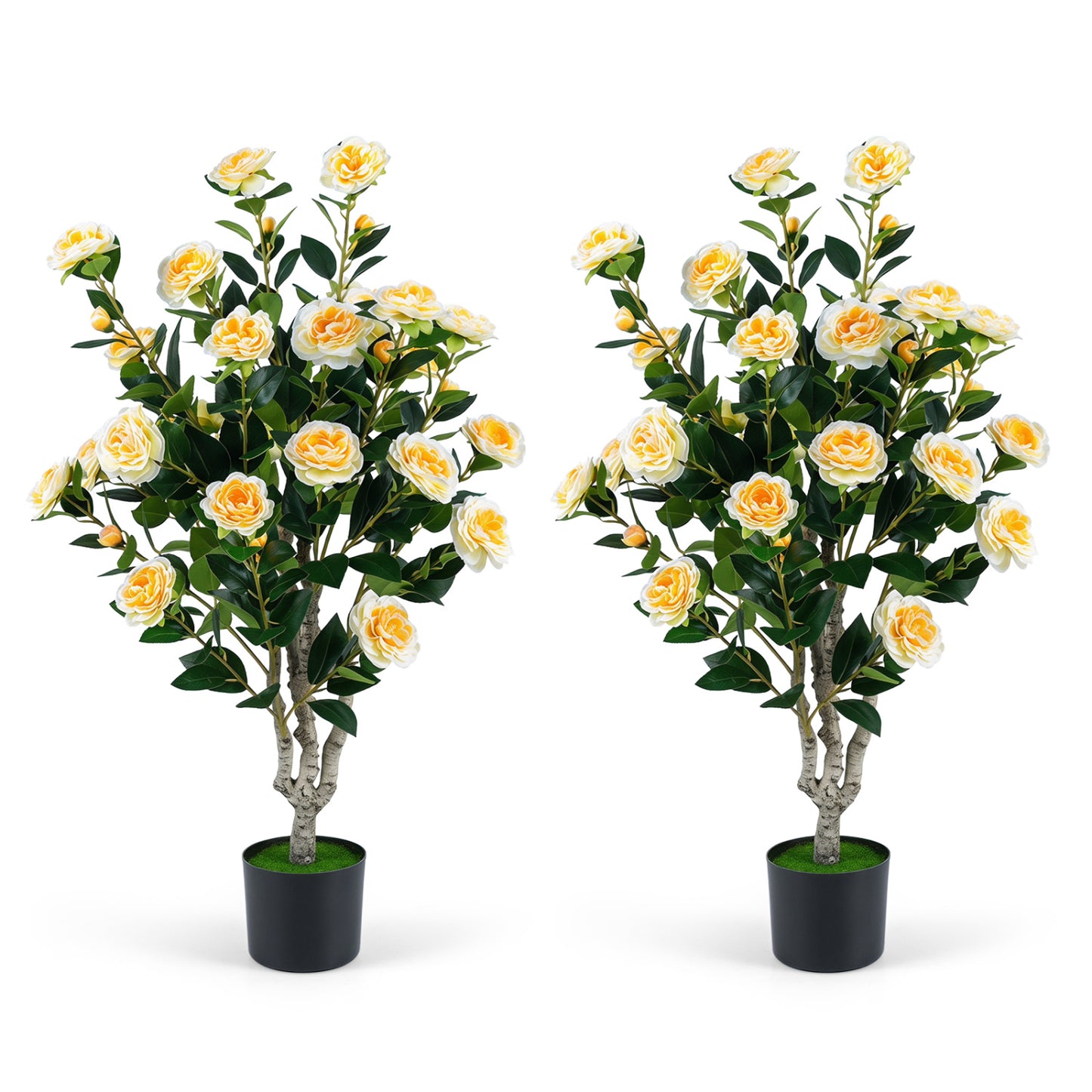 Set of 2 39.5-inch artificial camellia trees with orange blossoms in cement pots for home decor.