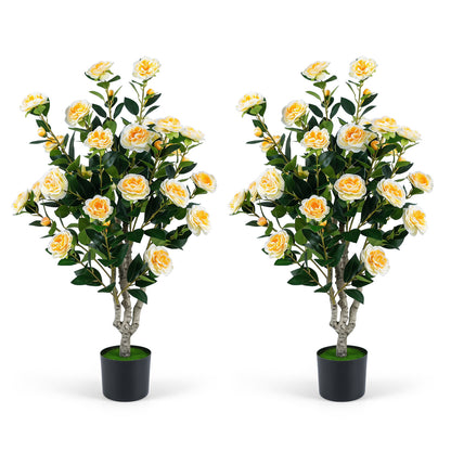 Set of 2 39.5-inch artificial camellia trees with orange blossoms in cement pots for home decor.