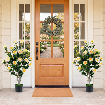 Set of 2 39.5-inch artificial camellia trees with orange blossoms in cement pots, perfect for home decoration.