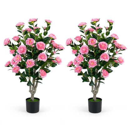 Set of 2 39.5-inch artificial camellia trees with orange blossoms in cement pots for home decor.