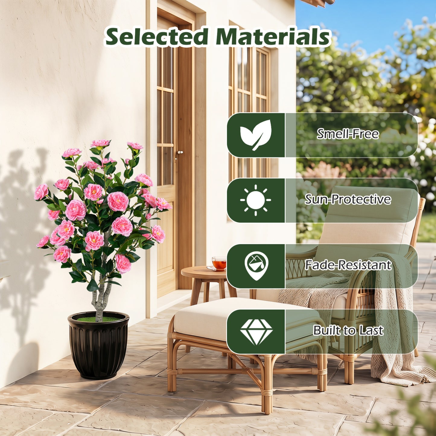 Set of 2 39.5-inch artificial camellia trees with orange blossoms in cement pots, perfect for home decor and faux plant decoration.