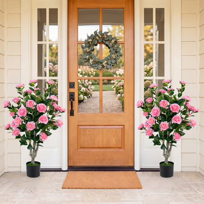 Set of 2 39.5-inch artificial Camellia trees with orange blossoms in cement pots, ideal for home decoration.