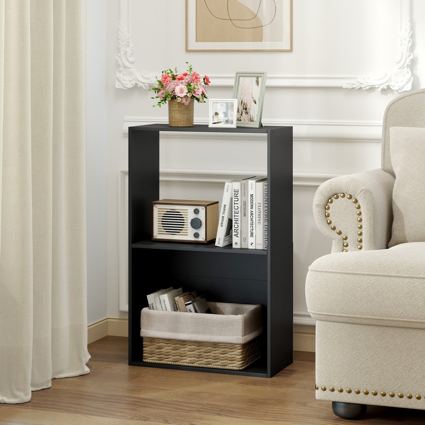Set of 2 black 3-tier bookshelves with open storage compartments and display shelves, ideal for home office organization.