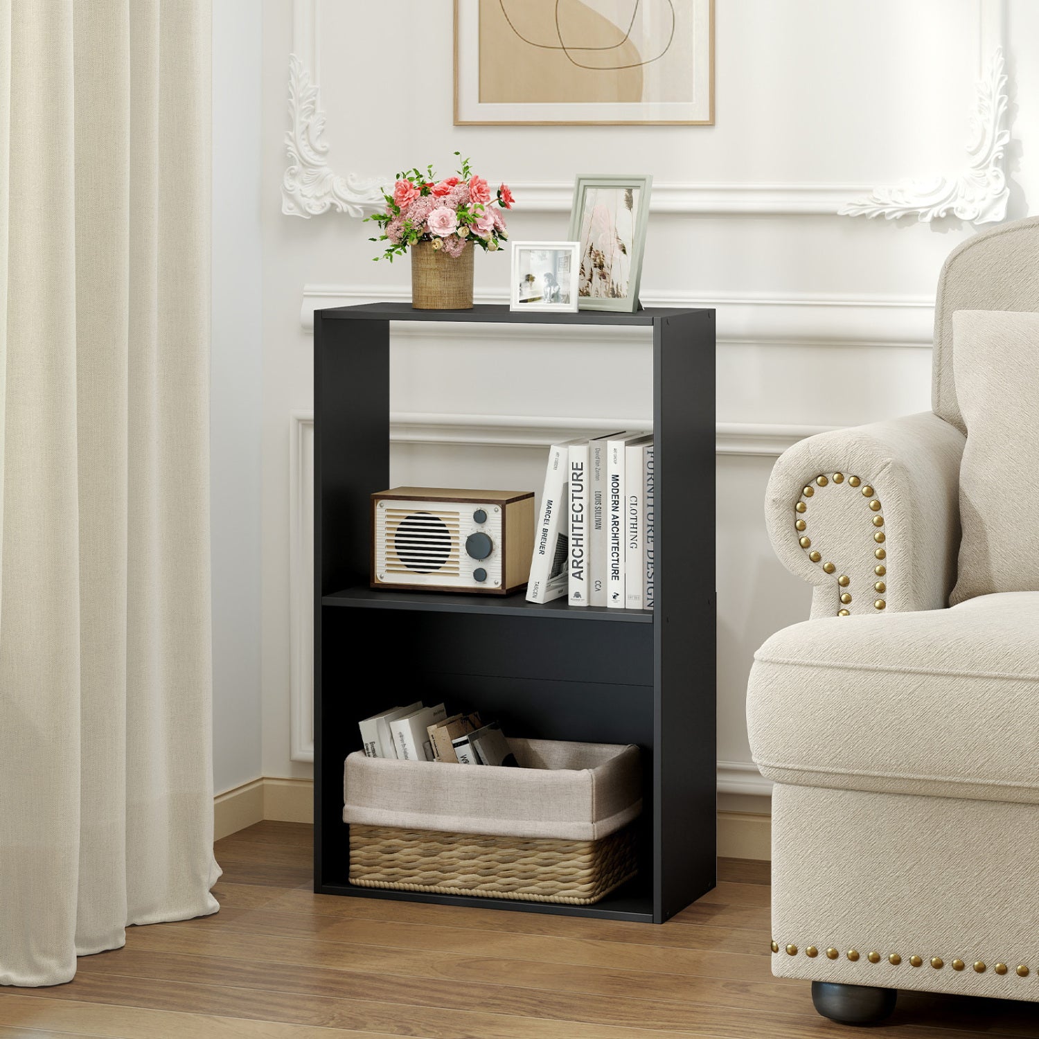 Set of 2 black 3-tier bookshelves with open storage compartments and display shelves, ideal for home office organization.
