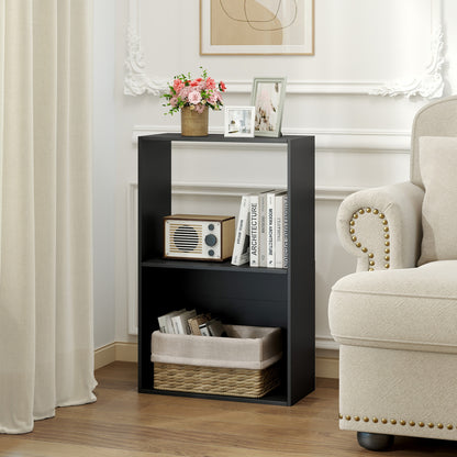 Set of 2 black 3-tier bookshelves with open storage compartments and display shelves, ideal for home office organization.