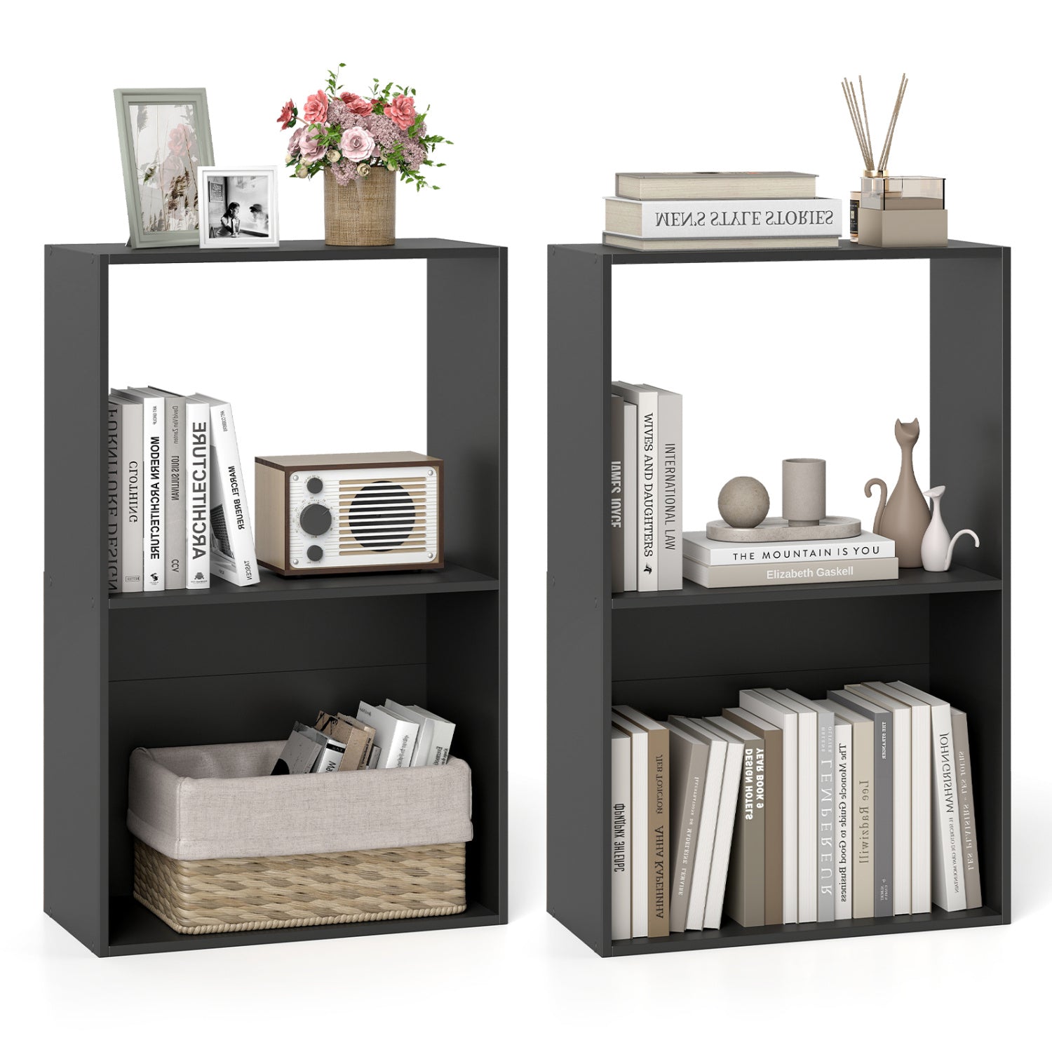 Set of 2 black 3-tier bookshelves with open storage compartments and freestanding display shelves for home office organization.