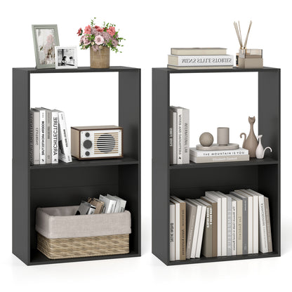 Set of 2 black 3-tier bookshelves with open storage compartments and freestanding display shelves for home office organization.