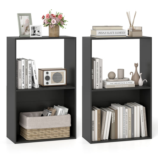 Set of 2 black 3-tier bookshelves with open storage compartments and freestanding display shelves for home office organization.