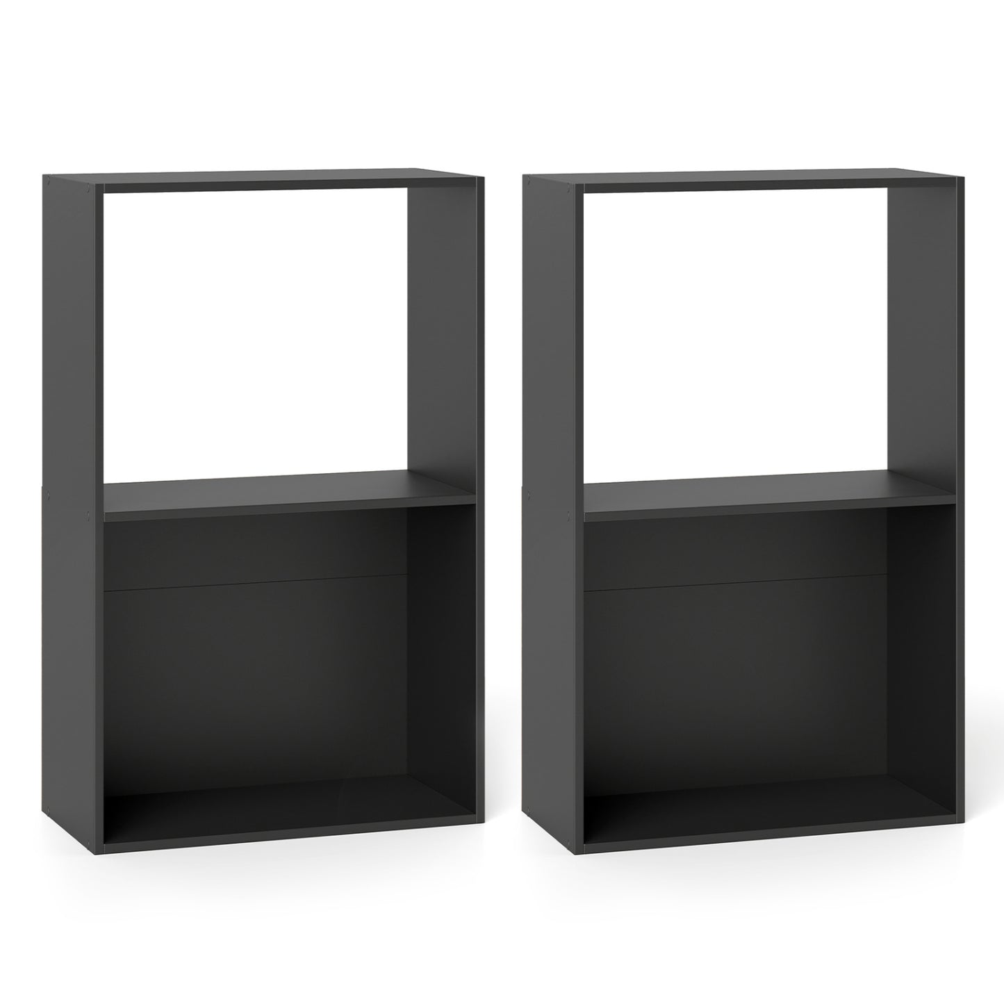 Set of 2 black 3-tier bookshelves with open storage compartments and freestanding display shelves, ideal for home office organization.