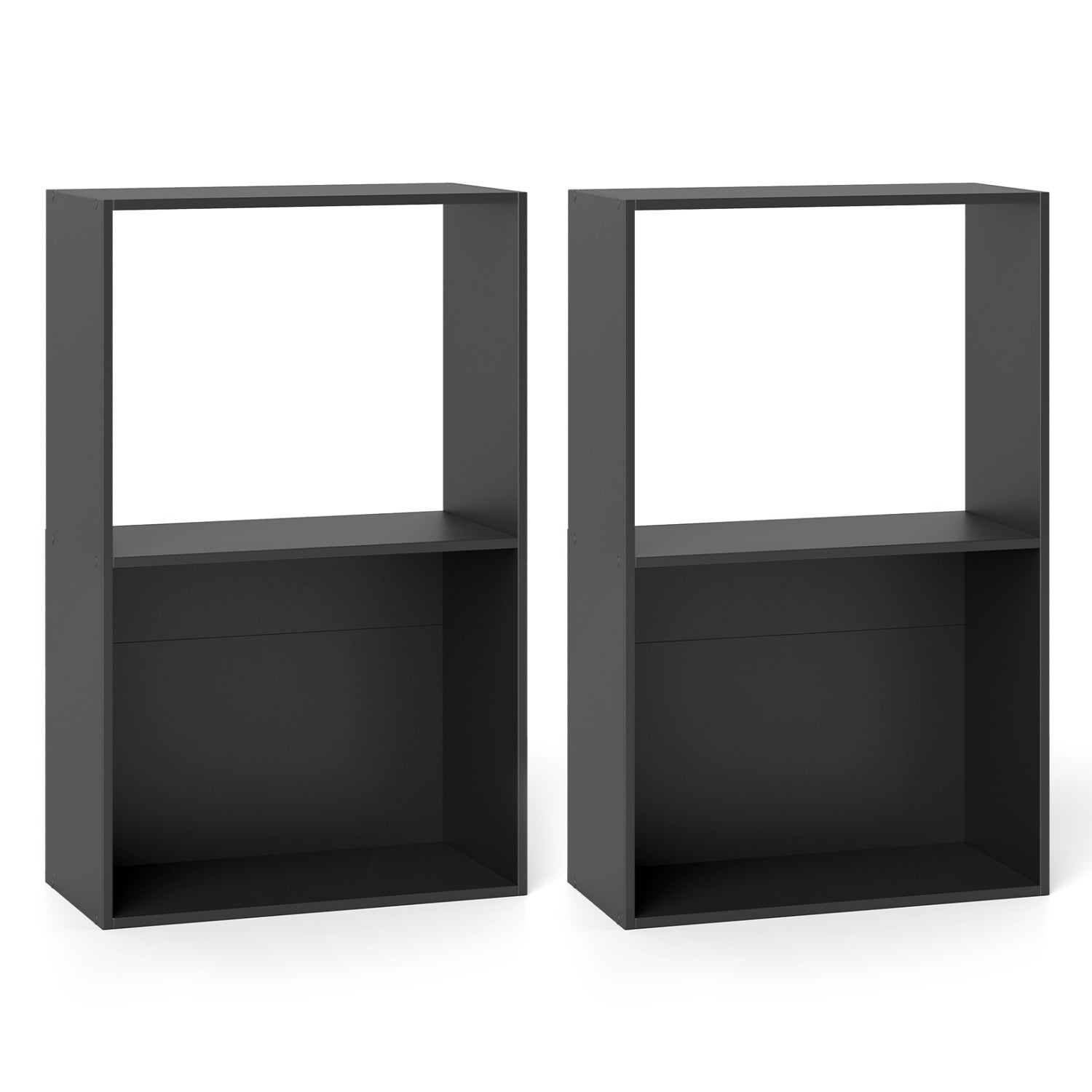 Set of 2 black 3-tier bookshelves with open storage compartments and freestanding display shelves, ideal for home office organization.