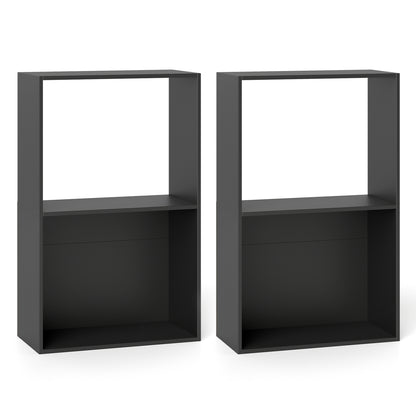 Set of 2 black 3-tier bookshelves with open storage compartments and freestanding display shelves, ideal for home office organization.