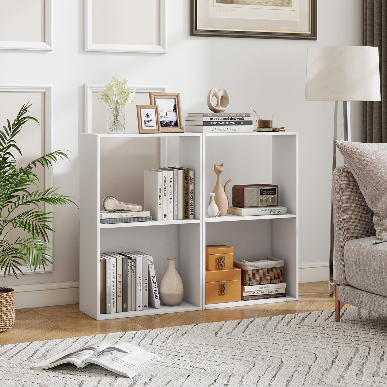 Set of 2 black 3-tier bookshelves with open storage compartments and display shelves, perfect for home office organization.