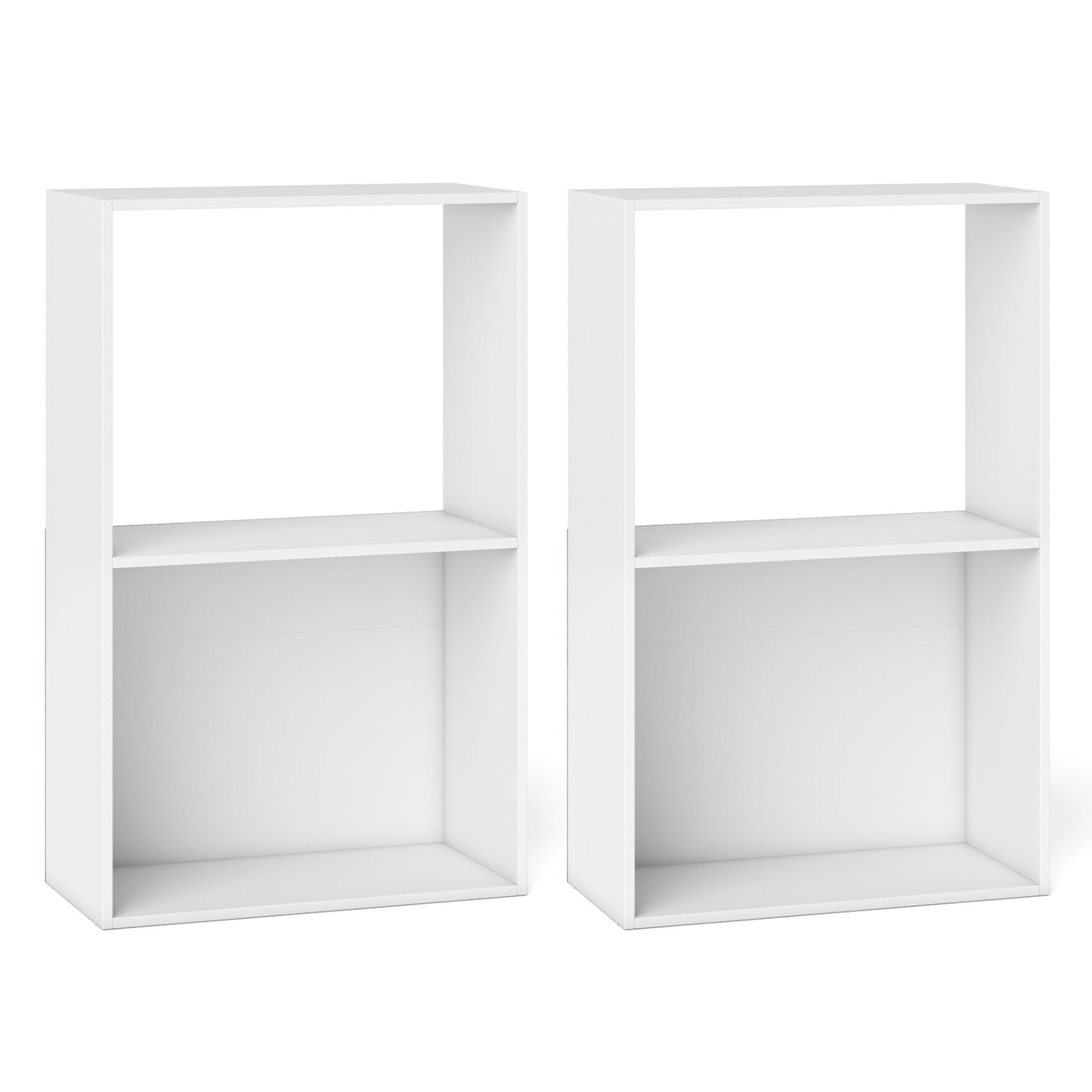 Set of 2 black 3-tier bookshelves with open storage compartments and freestanding display shelves for home office use.