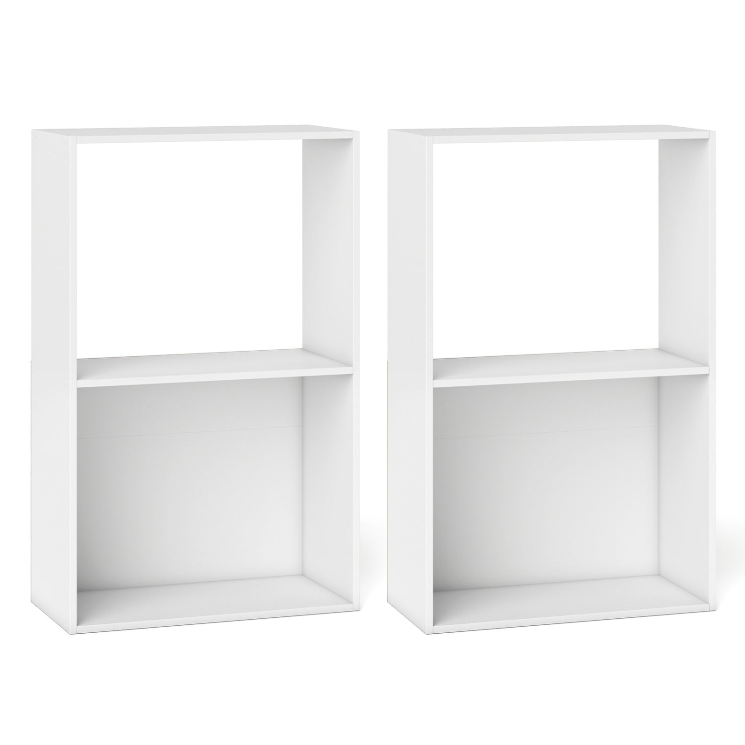 Set of 2 black 3-tier bookshelves with open storage compartments and freestanding display shelves for home office use.