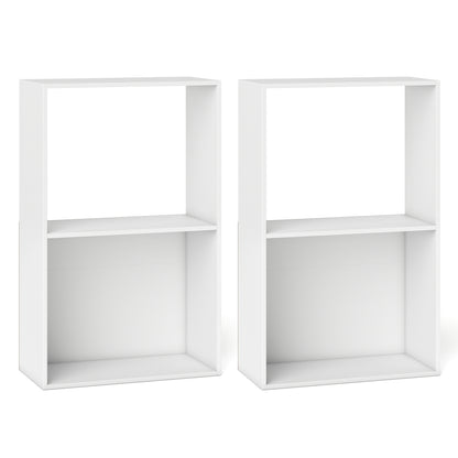 Set of 2 black 3-tier bookshelves with open storage compartments and freestanding display shelves for home office use.