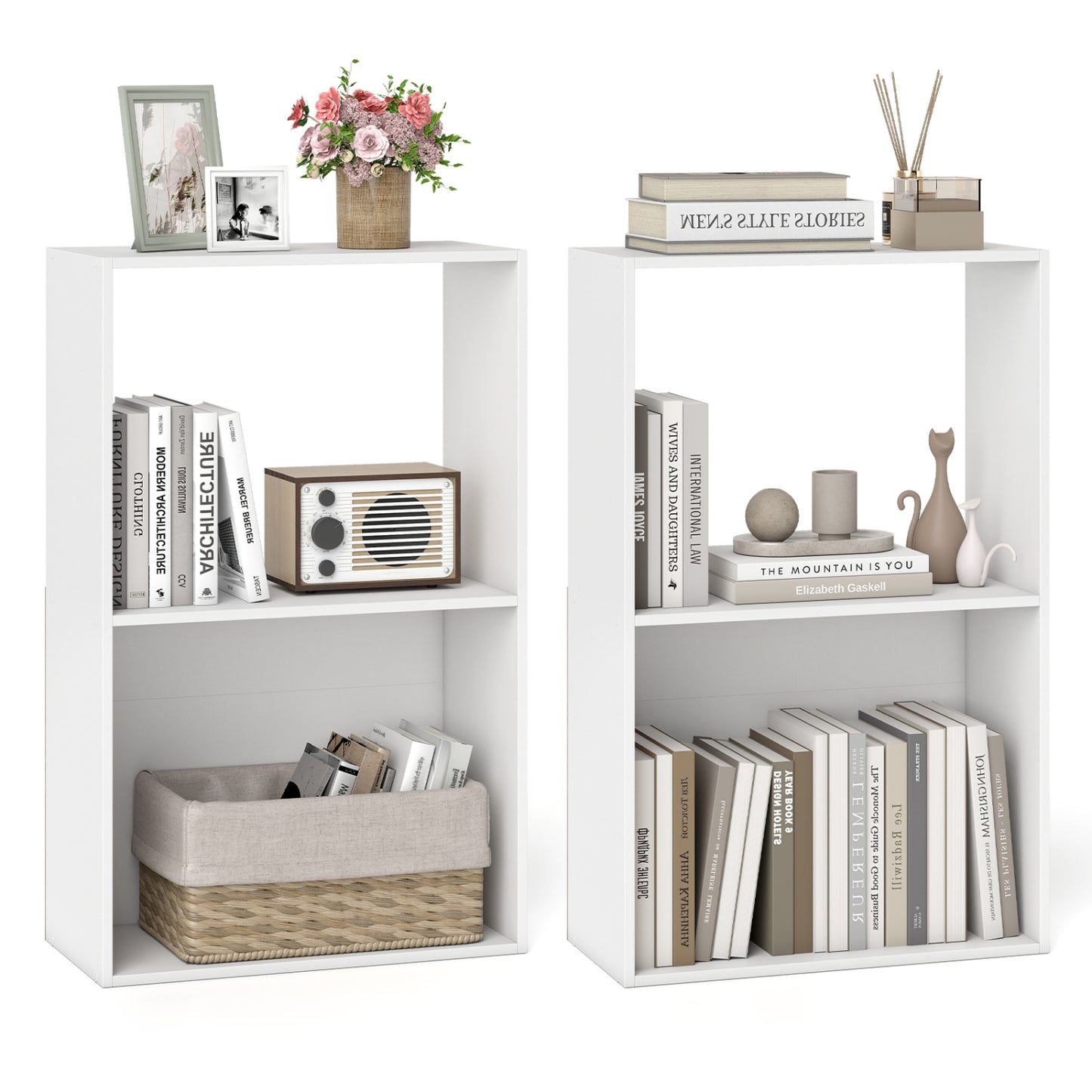 Set of two black 3-tier bookshelves with open storage compartments and freestanding display shelves for home office organization.