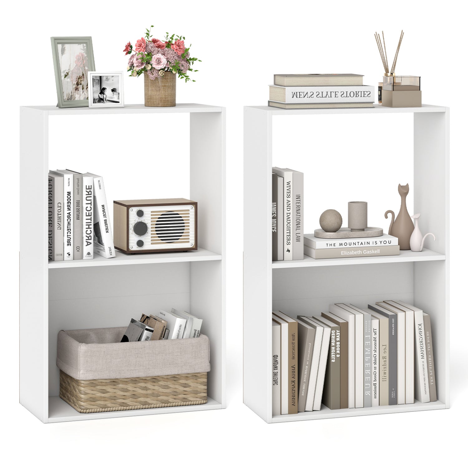 Set of two black 3-tier bookshelves with open storage compartments and freestanding display shelves for home office organization.