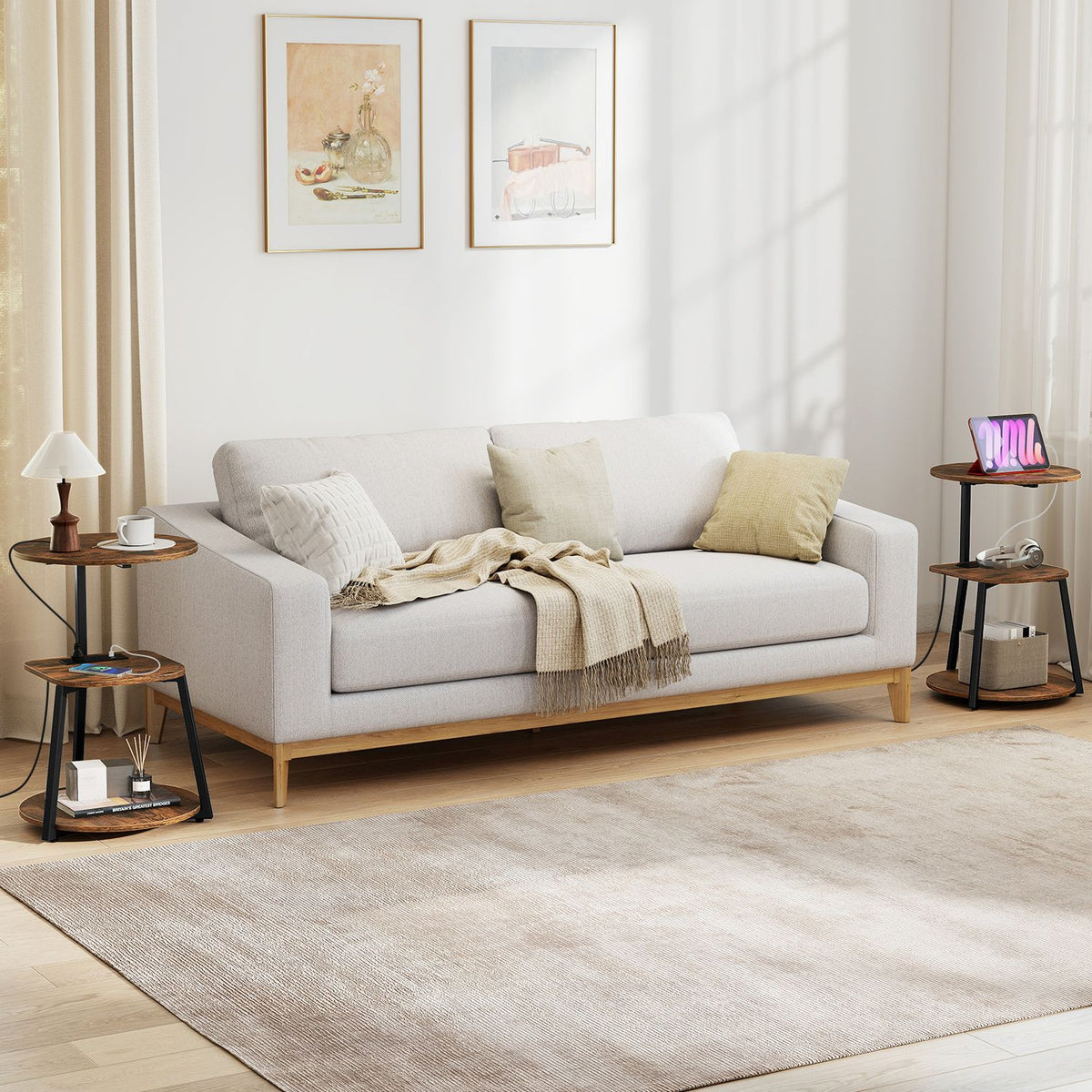 Set of 2 rustic brown 3-tier round end tables with built-in charging stations, perfect for living room furniture.