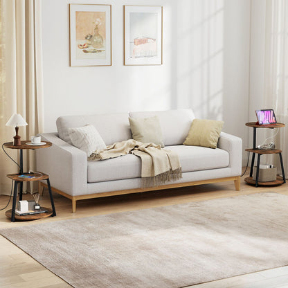 Set of 2 rustic brown 3-tier round end tables with built-in charging stations, perfect for living room furniture.