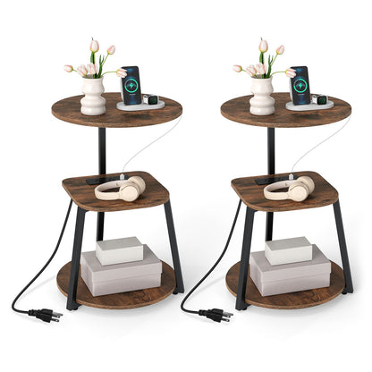 Set of 2 rustic brown 3-tier round end tables with built-in charging stations for living room use.