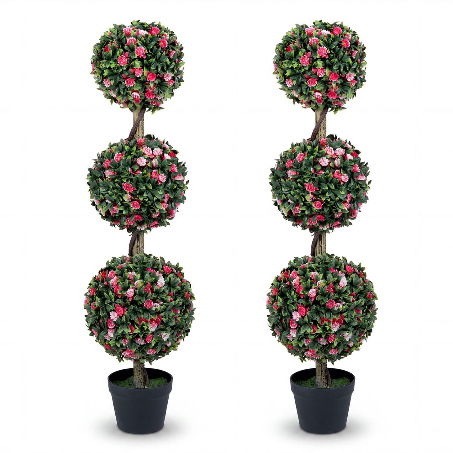 Set of 2 43.5-inch artificial triple ball rose topiary trees with lifelike blooms and green leaves for home decor.