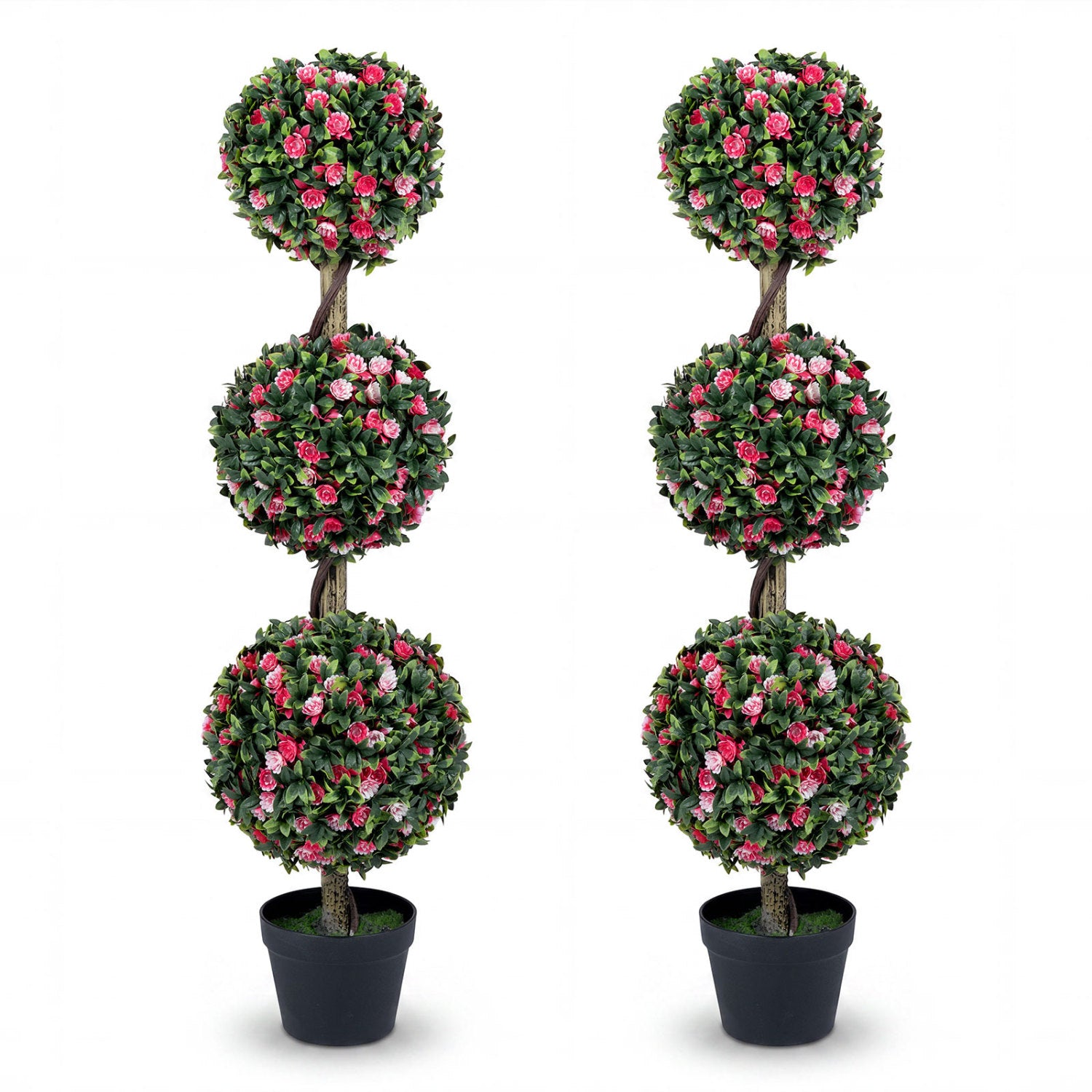 Set of 2 43.5-inch artificial triple ball rose topiary trees with lifelike blooms and green leaves for home decor.