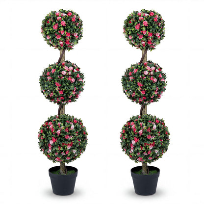 Set of 2 43.5-inch artificial triple ball rose topiary trees with lifelike blooms and green leaves for home decor.