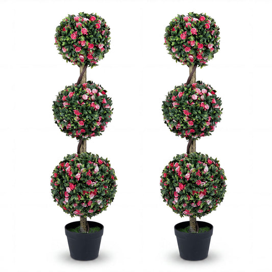 Set of 2 43.5-inch artificial triple ball rose topiary trees with lifelike blooms and green leaves for home decor.