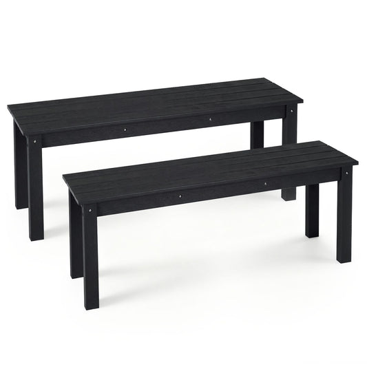 Set of 2 black 45-inch outdoor HDPE benches with slatted seats, 660 lbs capacity, ideal for patio seating.