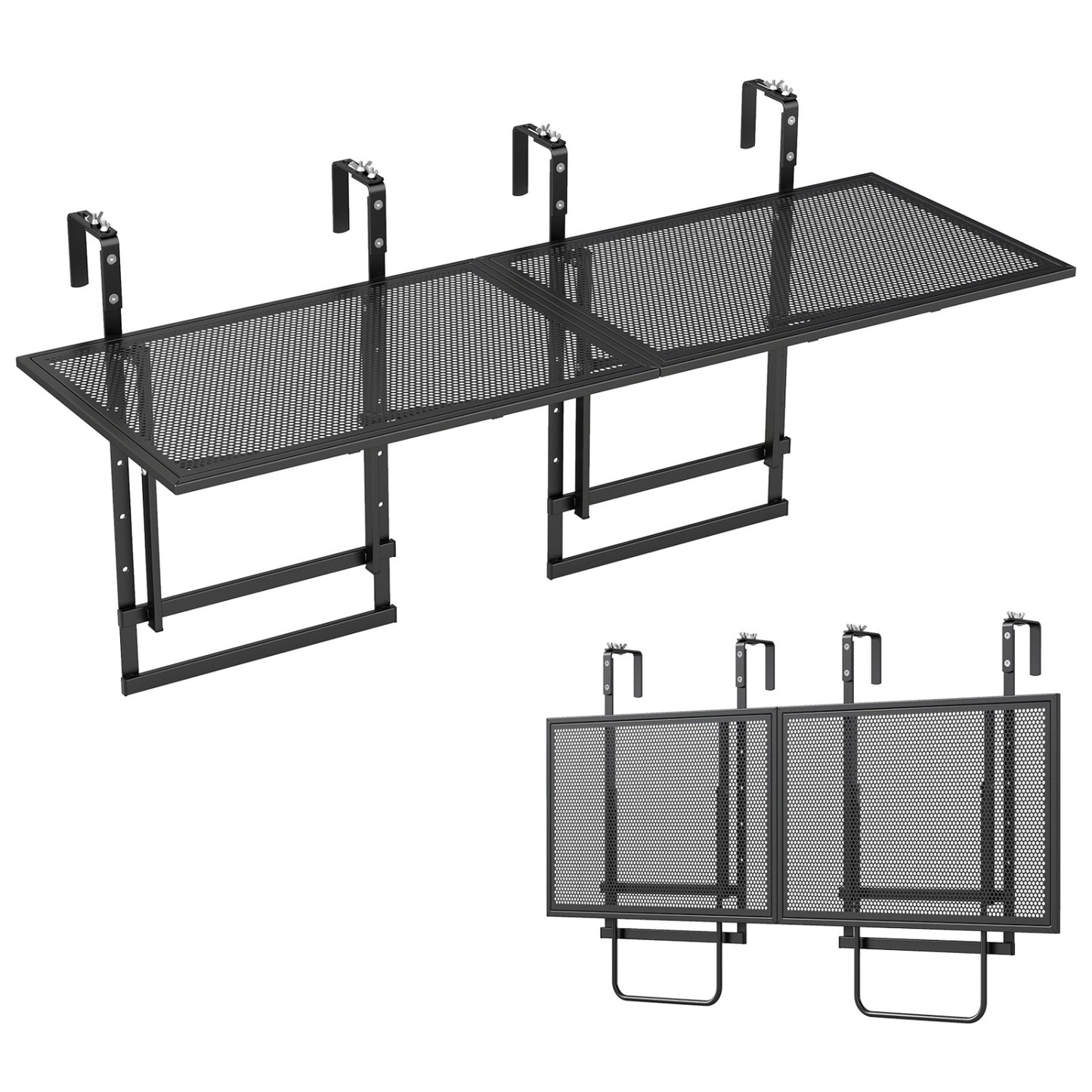 Set of 2 black 48-inch balcony railing tables with 5-level adjustable height for outdoor patio and deck use.