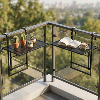 Set of 2 black 48-inch balcony railing tables with 5-level adjustable height for outdoor patio and deck use.