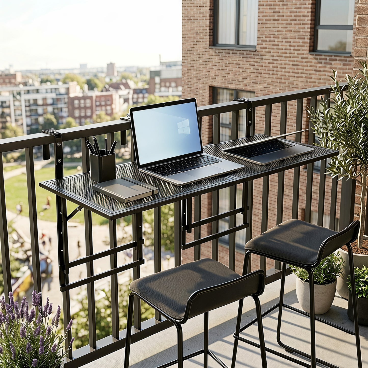Set of 2 black 48-inch balcony railing tables with 5-level adjustable height, outdoor patio and deck furniture by Wilsons Home Store