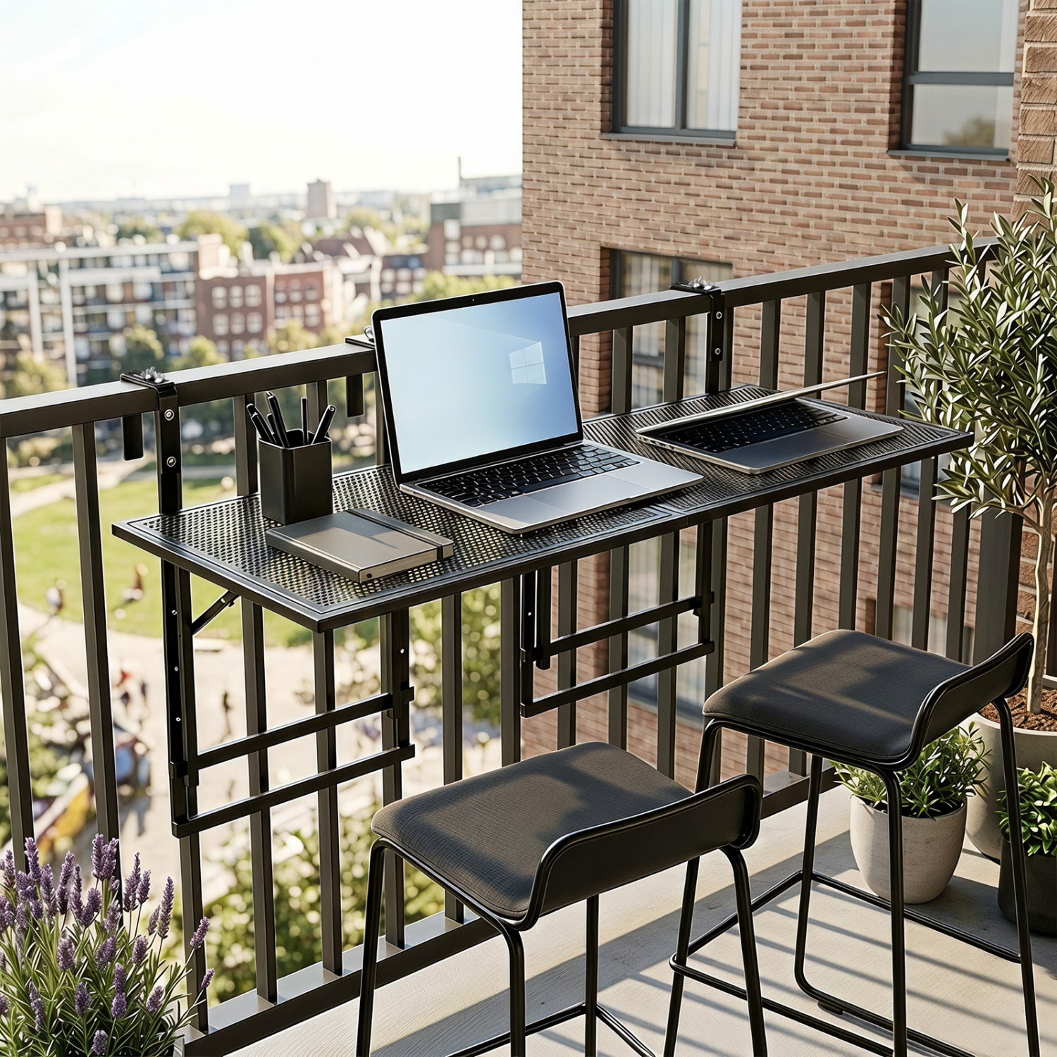 Set of 2 black 48-inch balcony railing tables with 5-level adjustable height, outdoor patio and deck furniture by Wilsons Home Store