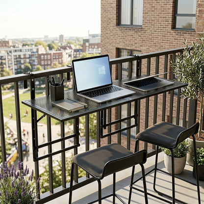 Set of 2 black 48-inch balcony railing tables with 5-level adjustable height, outdoor patio and deck furniture by Wilsons Home Store