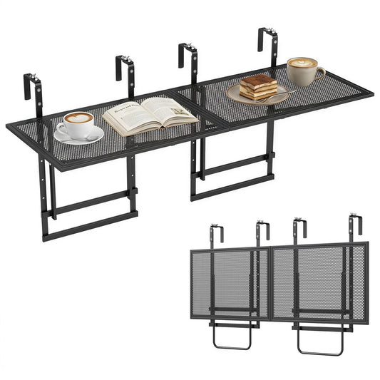 Set of 2 black 48-inch balcony railing tables with 5-level adjustable height for patio and deck outdoor space.