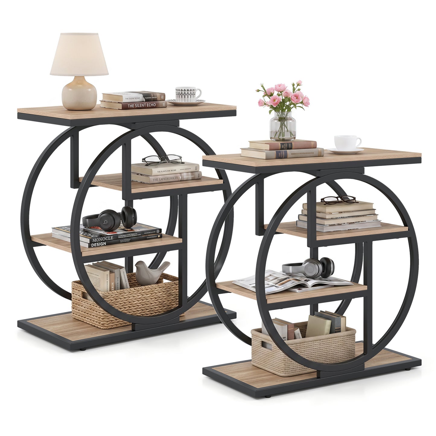 Set of 2 4-Tier Narrow End Table for Living Room with Storage Shelves-Gray
