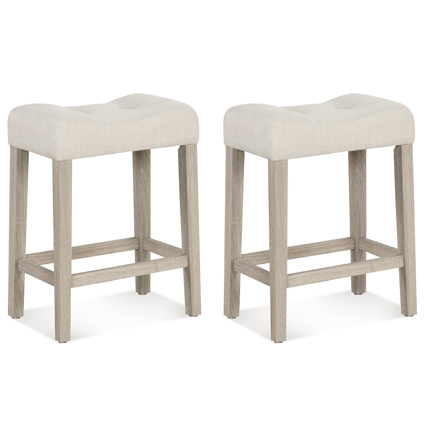 Set of 2 upholstered counter height bar stools with curved saddle seats in light gray, modern kitchen and dining furniture.