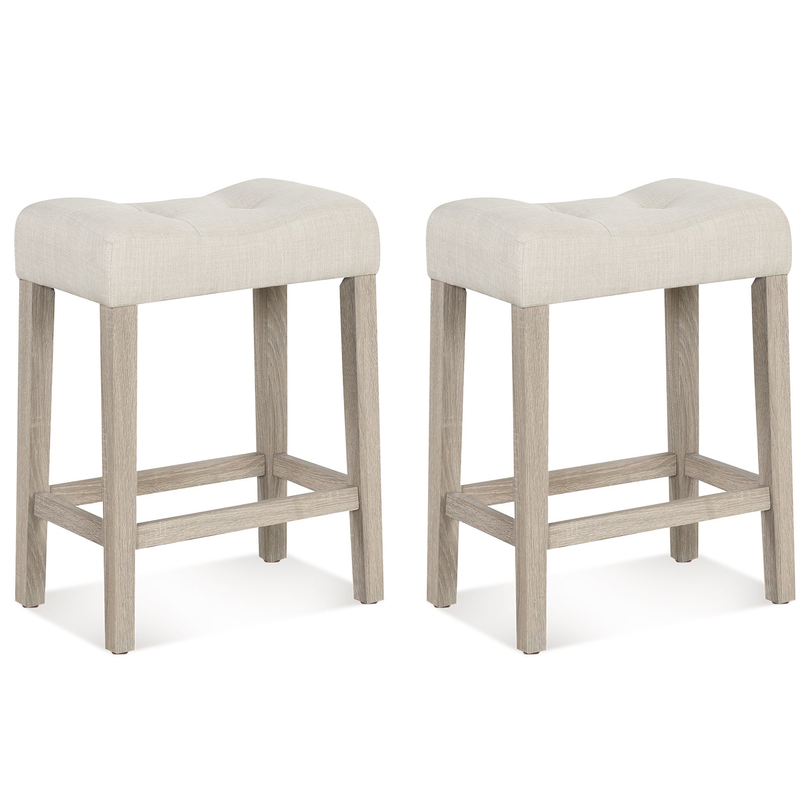 Set of 2 upholstered counter height bar stools with curved saddle seats in light gray, modern kitchen and dining furniture.