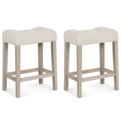Set of 2 upholstered counter height bar stools with curved saddle seats in light gray, modern kitchen and dining furniture.