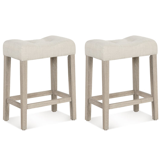 Set of 2 upholstered counter height bar stools with curved saddle seats in light gray, modern kitchen and dining furniture.
