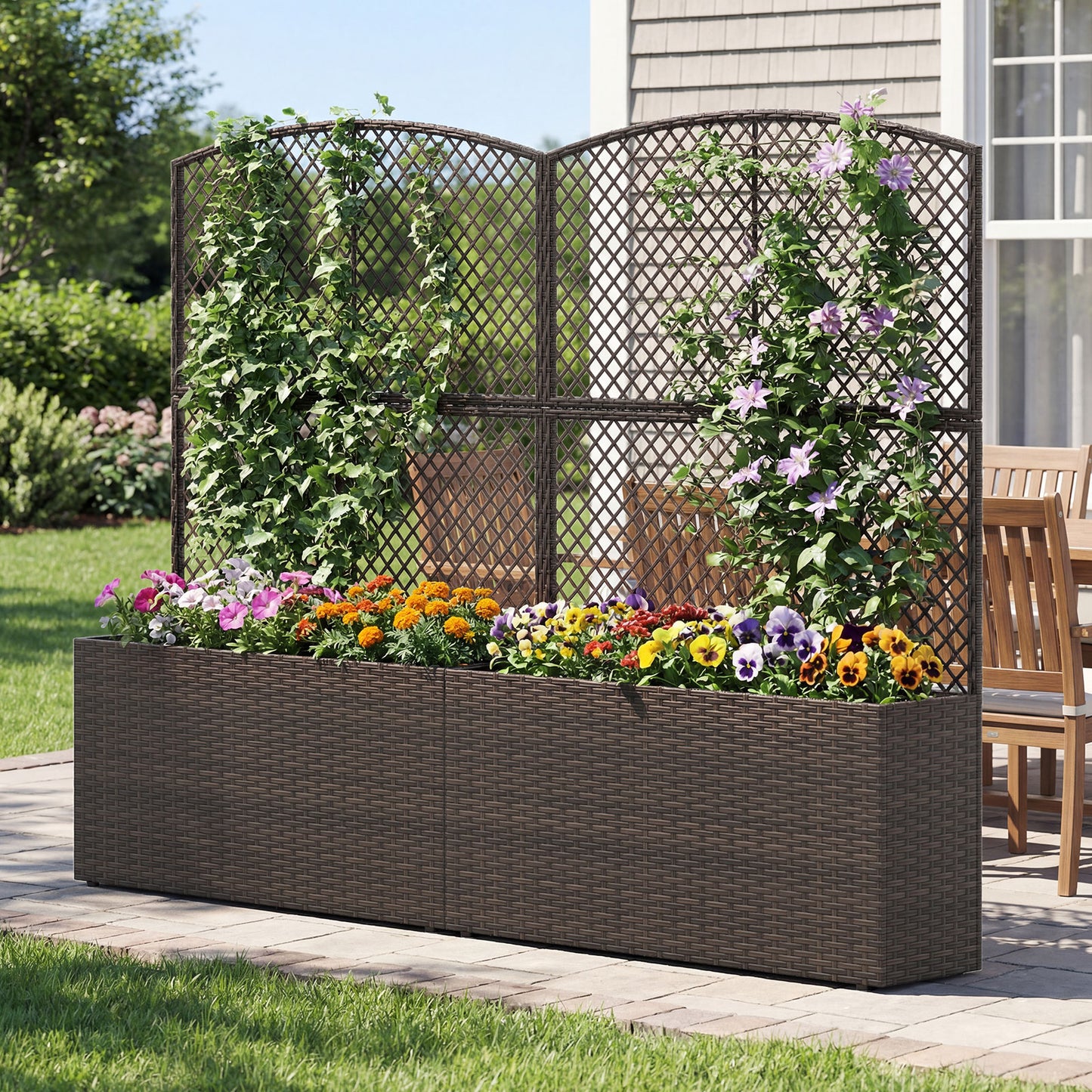 Set of 2 58 Inch Raised Garden Bed with Trellis and Wicker Planter Box-Black