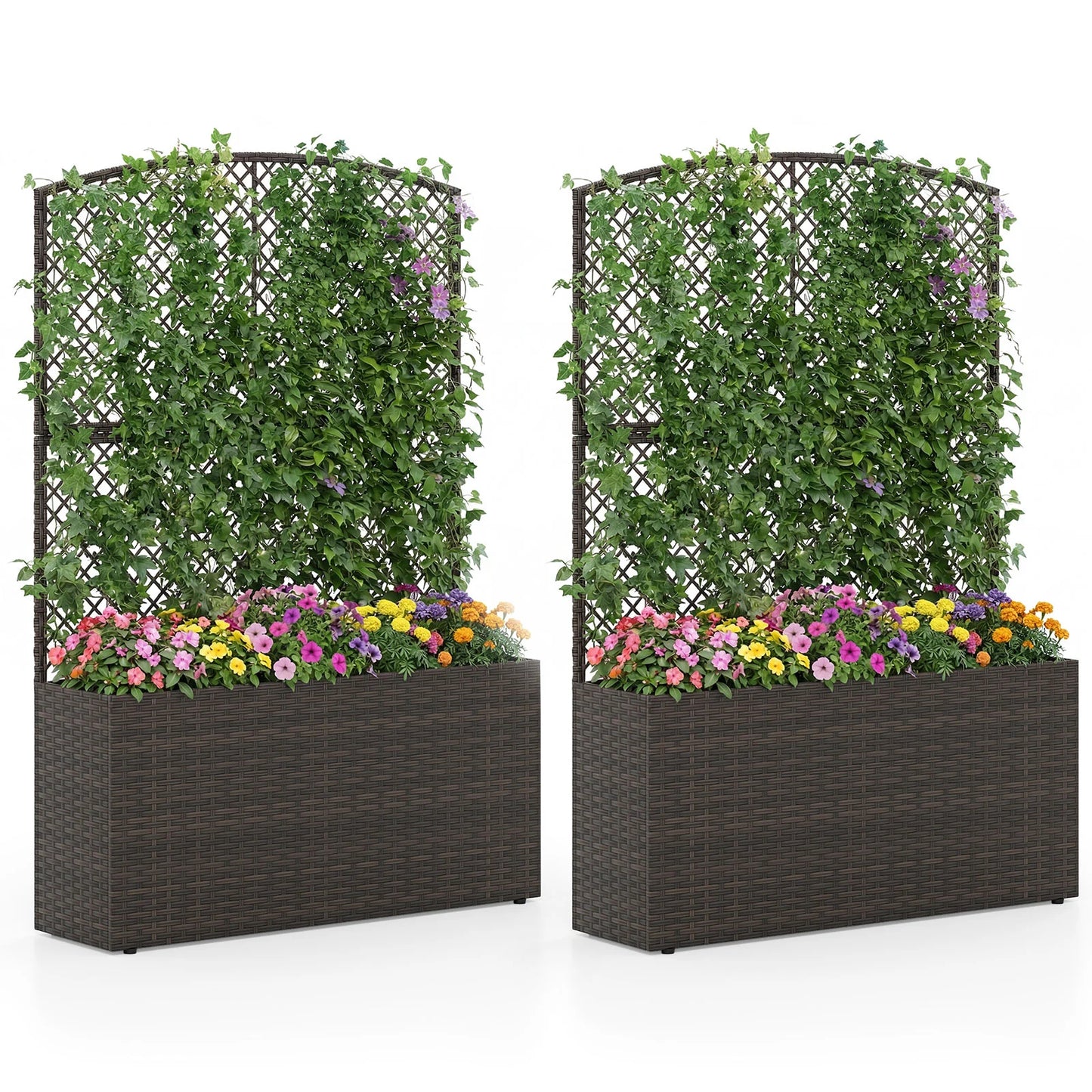 Set of 2 58 Inch Raised Garden Bed with Trellis and Wicker Planter Box-Black