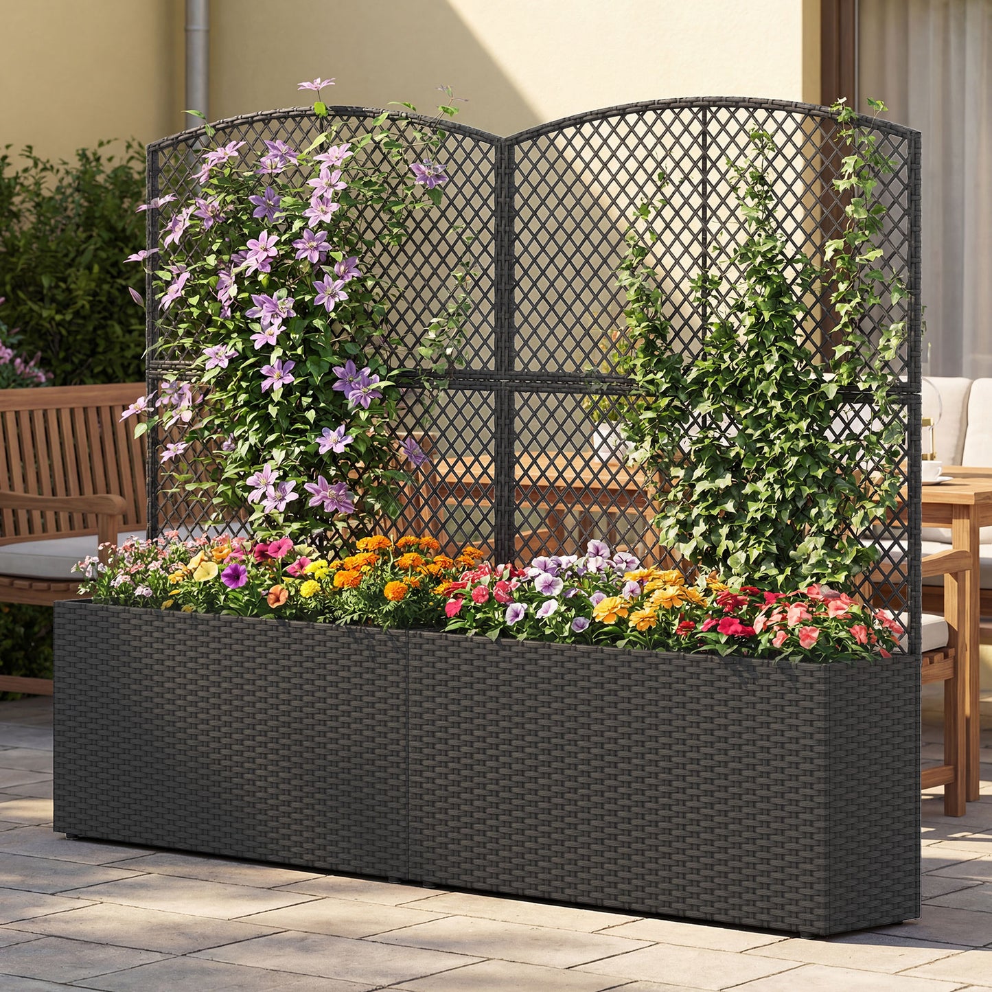 Set of 2 58 Inch Raised Garden Bed with Trellis and Wicker Planter Box-Black